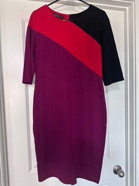 Colorblock Long Sleeve Sheath Dress in Magenta, Red & Black